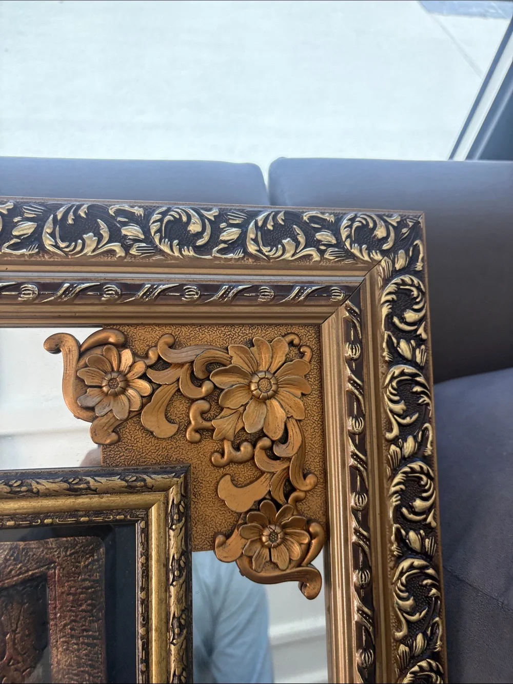 Ornate Gold Framed Wall Mirror with Decorative Religious Scene (Gold, Black)